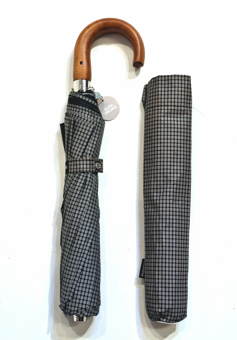 Parapluie pliant homme Noir/Taupe automatique carreaux poignée courbe bois 10 branches Ezpeleta - Grand 104 cm & résistant