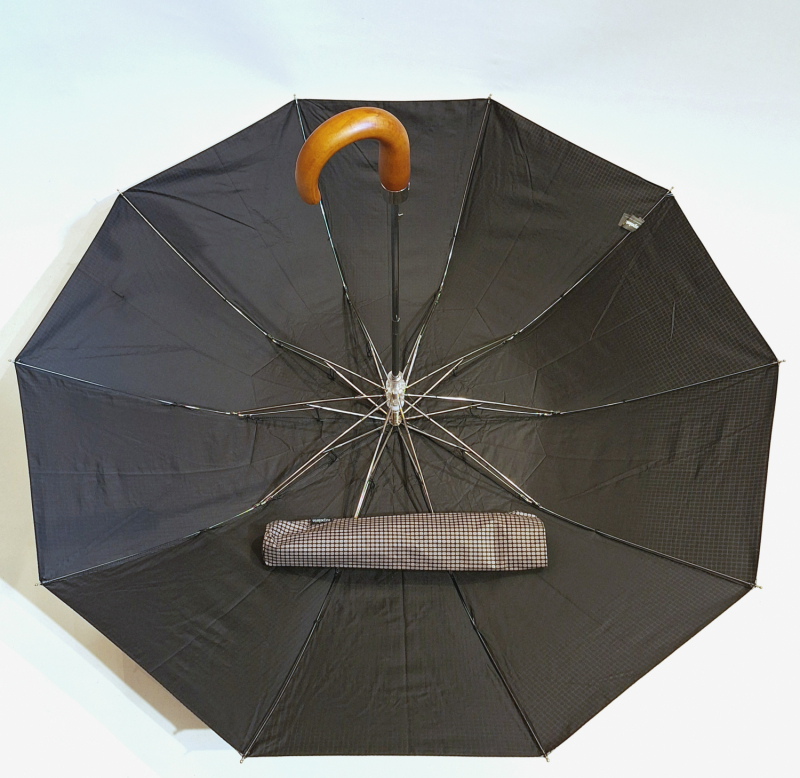 Parapluie pliant homme Noir/Taupe automatique carreaux poignée courbe bois 10 branches Ezpeleta - Grand 104 cm & résistant