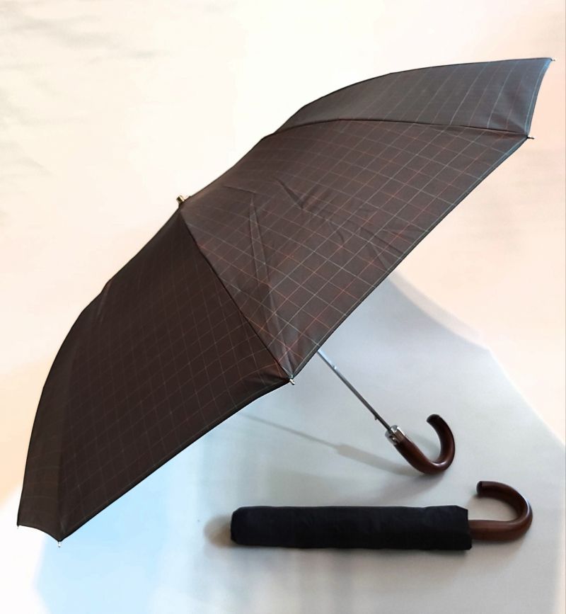 EXCLUSIVITE parapluie pliant homme gris automatique écossais poignée courbe bois Ezpeleta, grand 104 cm & résistant