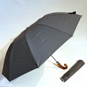 Parapluie pliant homme Noir/Taupe automatique carreaux poignée courbe bois 10 branches Ezpeleta - Grand 104 cm & résistant