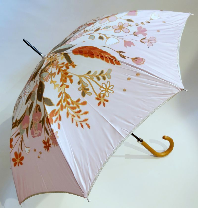 Parapluie Piganiol Botanica - Long manuel rose à motif délicat la beauté des fleurs -Tissu anti uv - Léger & résistant 