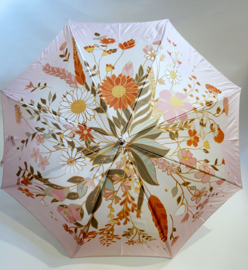 Parapluie Piganiol Botanica - Long manuel rose à motif délicat la beauté des fleurs - Léger & résistant / Parapluie-de-france.com