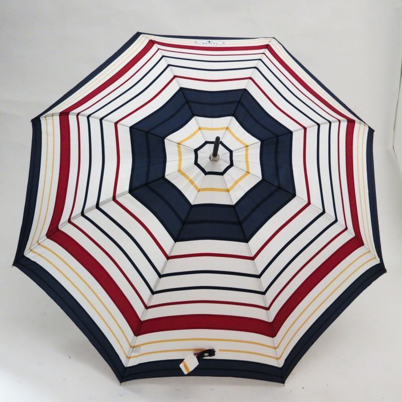 Parapluie Aurillac long manuel blanc tissu satiné marin à rayure bleu, rouge Piganiol, léger et résistant