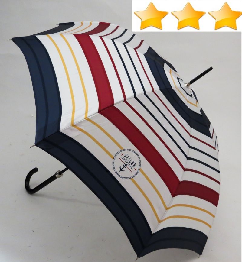 Parapluie Aurillac long manuel blanc tissu satiné marin à rayure bleu, rouge Piganiol, léger et résistant