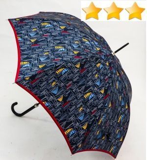 Parapluie long manuel bleu tissu satiné avec un motif sur les voiliers Piganiol, léger et résistant