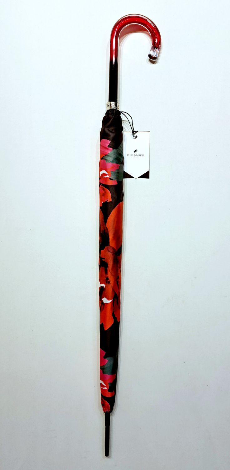 Parapluie long manuel léger impimé de belles roses rouge DIVA Piganiol - léger et solide