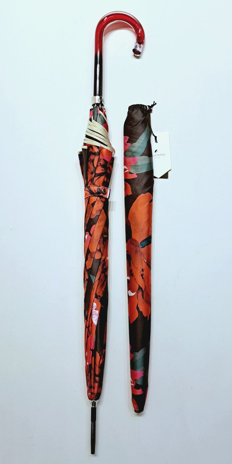Parapluie long manuel léger impimé de belles roses rouge DIVA Piganiol - léger et solide