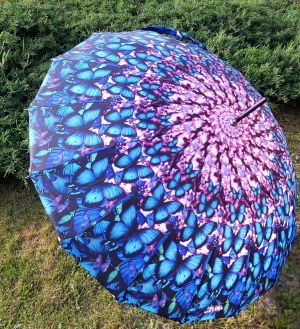 Parapluie Jean Paul Gaultier canne 16 branches manuel papillons bleu et vert, grand et anti vent