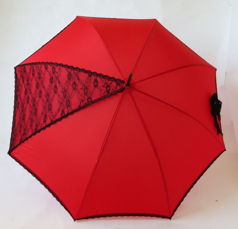 Parapluie Guy de Jean rouge long automatique à dentelle noire, léger et solide