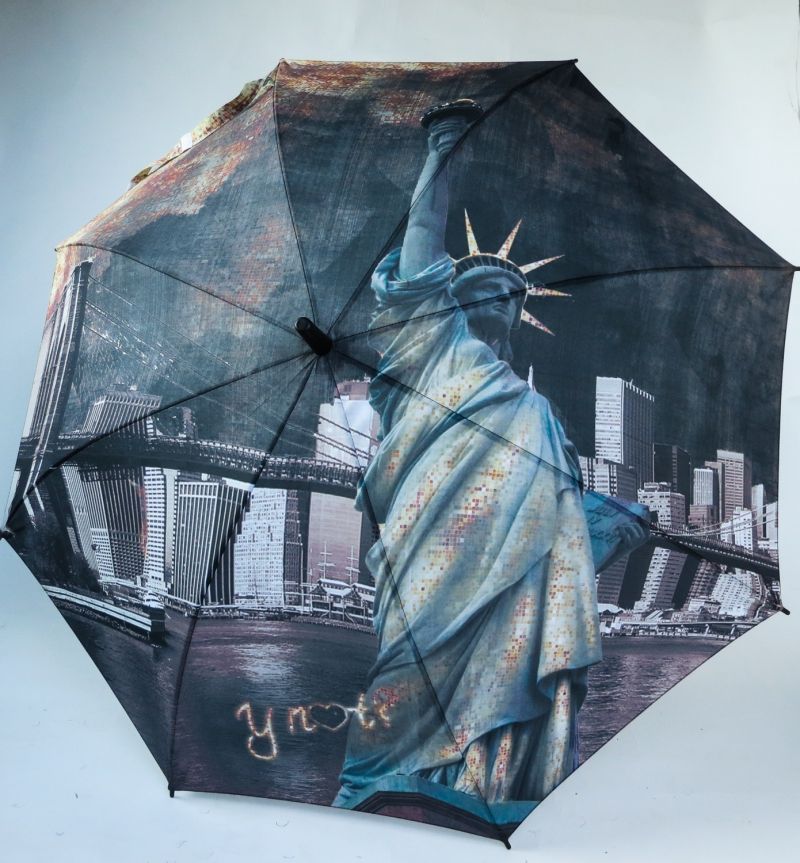 Parapluie long automatique noir Statue de la Liberté en gris et de New York la nuit Esprit, léger et solide
