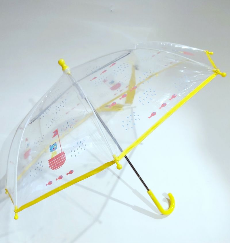 Parapluie enfant de 2/5 ans transparent long manuel rose à motif bateau chat pirate, léger & anti vent