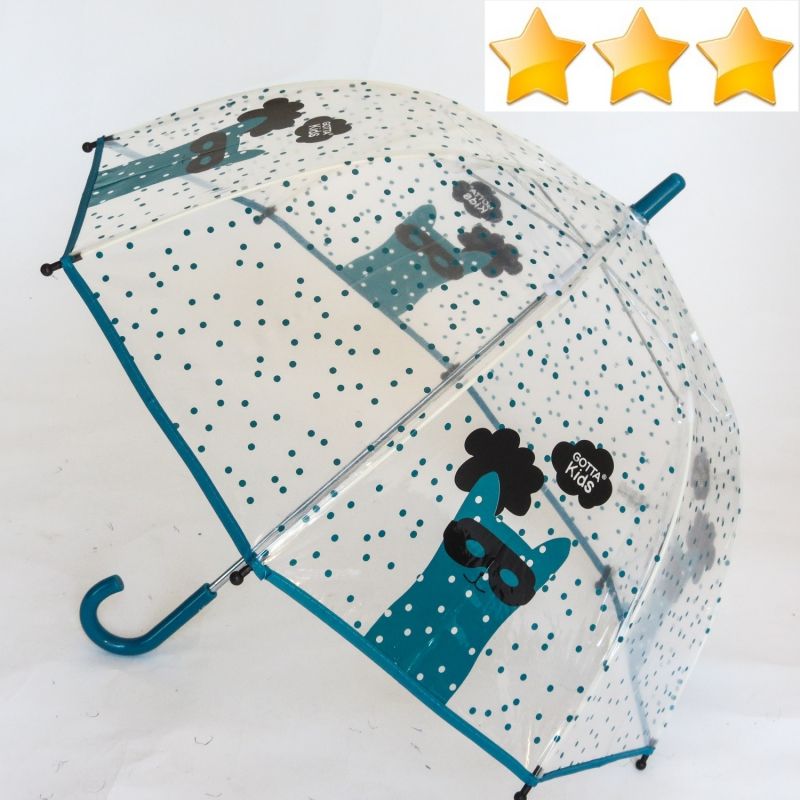 Parapluie cloche enfant transparent imprimé chat masqué à pois bleu Gotta Espeleta