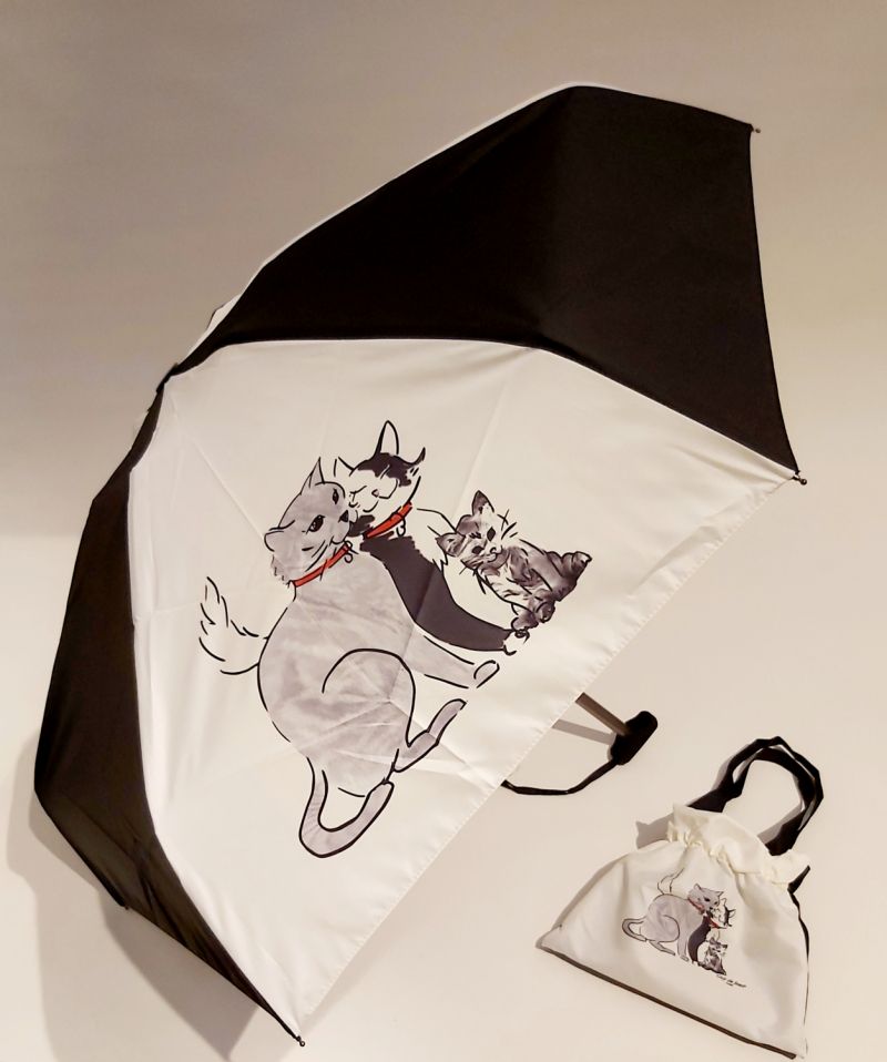 Parapluie mini et sac étanche imprimé de chats Les Minous en noir et blanc français, léger 200g et solide