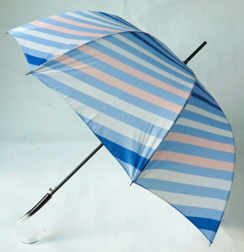 Parapluie long femme rayé bleu et rose pastel automatique Neyrat d' Autun, léger et solide 