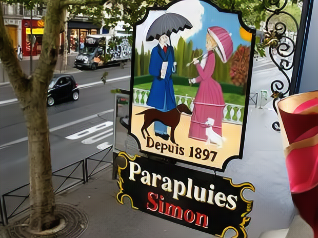 Devanture historique de la boutique Parapluies Simon au 56 boulevard Saint-Michel